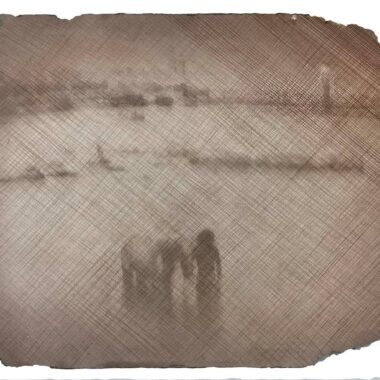 He Gong, “Crossing the Hudson River,” Mixed media on paper, 31” x 25,” 2019