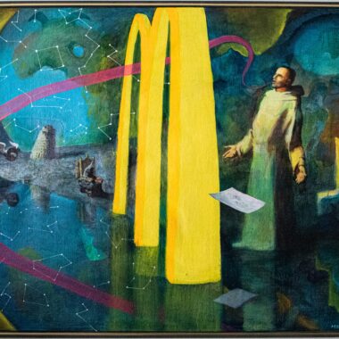 He Gong, "St. Francis at Rashomon," Acrylic on canvas, 48” x 40”, 2026