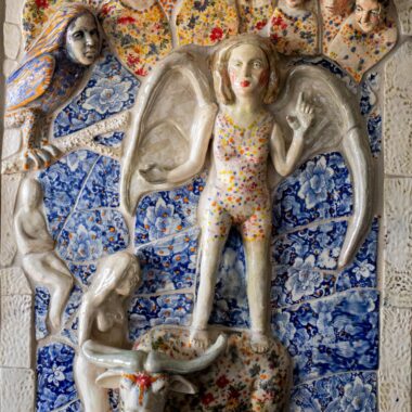 Michel Angela Petersen, "Pentacost (Feature)," Bas relief porcelain high fire with luster and Chinese decals, 25" x 35" x 3”, 2020