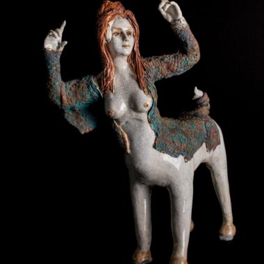 Michel Angela Petersen, "Centauress," Hand-formed stoneware with porcelain veneer and mixed media low fire 11” x 9” x 21”, 2015