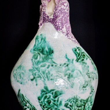 Michel Angela Petersen, "Eliza-beth," Stoneware with porcelain veneer and hand-made with underglaze and overglaze, 14” x 7” x 18”, 2025