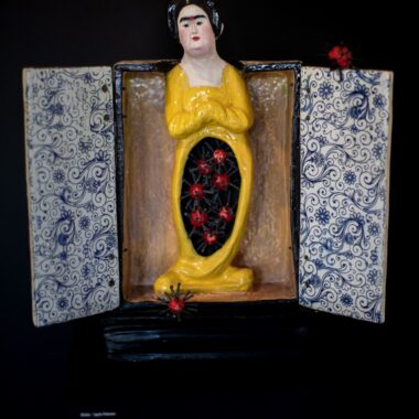 Michel Angela Petersen, "Jingxi," Hand built stoneware with coiled figure with Chinese underglaze decals mid-range fire, 17” x 6” x 21”, 2018