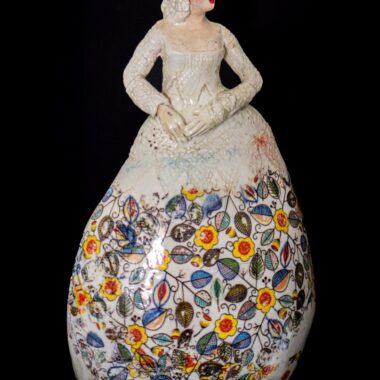 Michel Angela Petersen, "Marguerite," Porcelain with decals and clear glaze hand built and painted, 14" x 7" x 18”, 1977