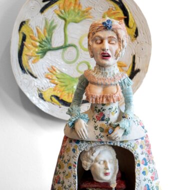 Michel Angela Petersen, "The Beloved," Stoneware and porcelain with draped lace mid-range fire w/high fire ceramic bowl, 16” x 6” x 23”, 2017