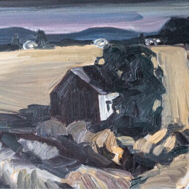 Thomas Wood, "Cook’s Cabin, Fir Island Midnight," Oil on wooden panel, 15.5" x 11.5", 1990